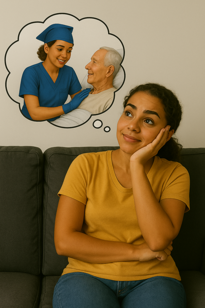 Infographie d'une personne s'imaginant réaliser le métier d'aide-soignant