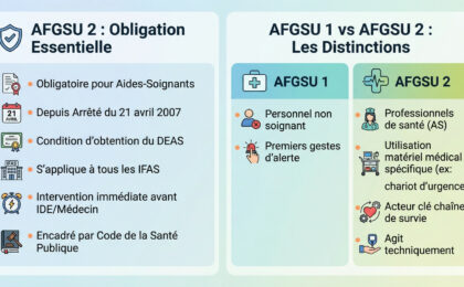 Infographie sur l'AFGSU 2 pour aides-soignants, détaillant son caractère obligatoire et la distinguant de l'AFGSU 1.
