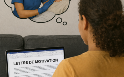 candidate au concours IFAS en pleine rédaction de sa lettre de motivation aide-soignante pour le dossier d'inscription 202