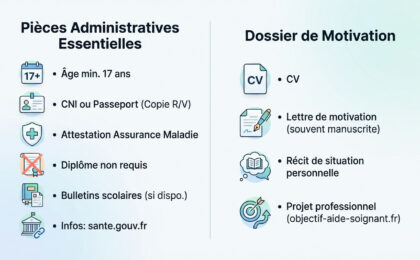 Infographie listant les documents essentiels pour un dossier de candidature IFAS: pièces administratives et dossier de motivation, avec icônes.
