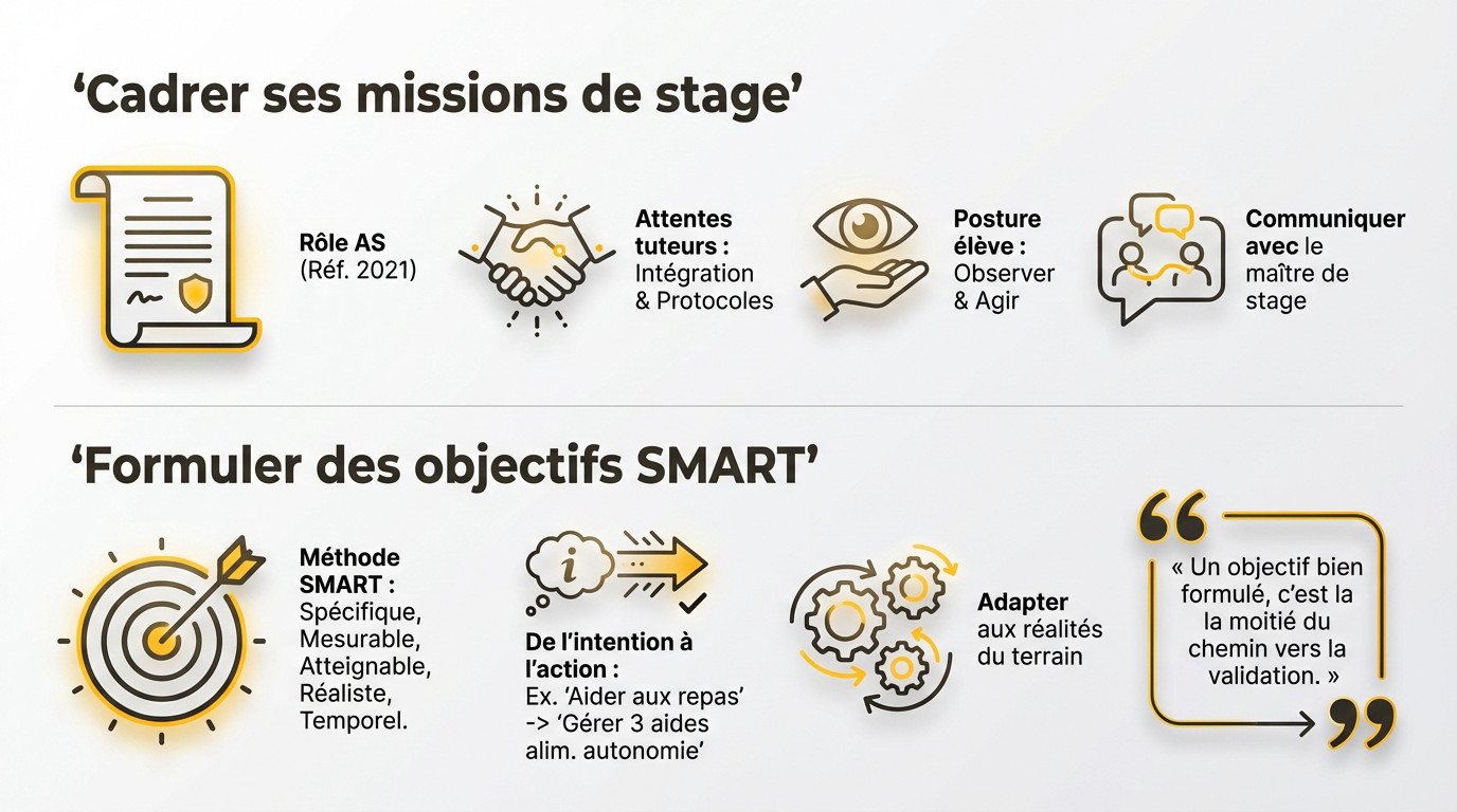 Infirmière expliquant la méthode SMART à un étudiant aide-soignant pour définir ses objectifs de stage