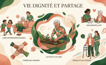 Illustration montrant diverses activités et soins pour seniors en EHPAD: liens intergénérationnels, jardinage, aide, autonomie.